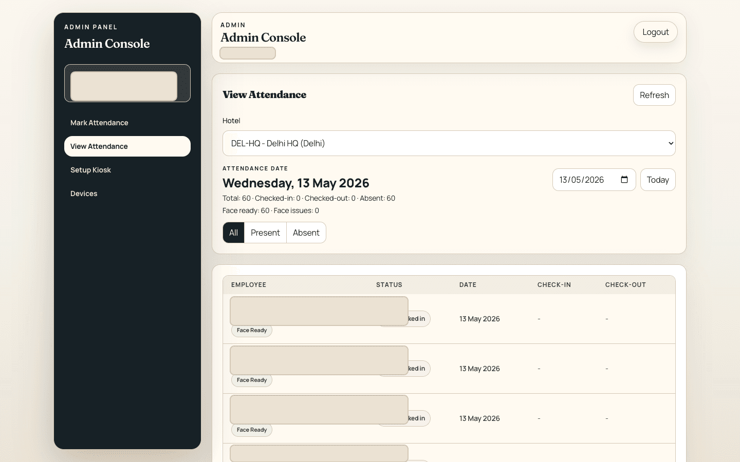 Admin view attendance screen